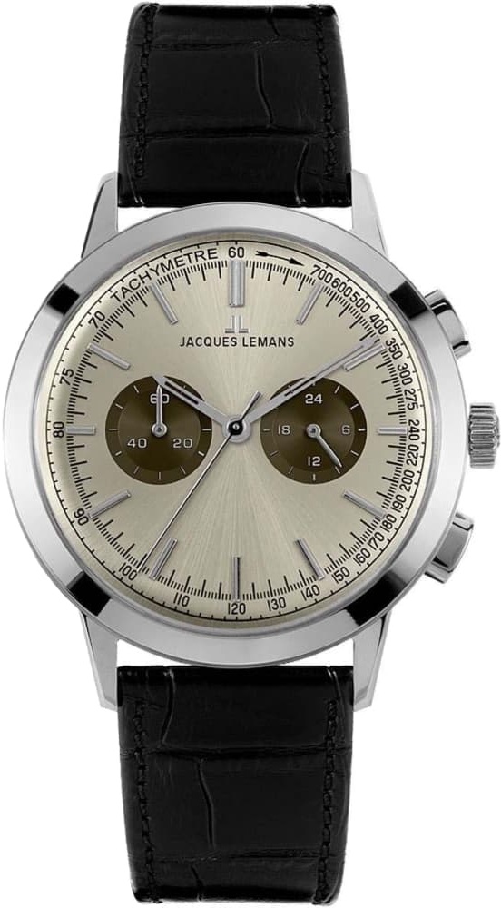 JACQUES LEMANS Nostalgie Chronograph 44mm Silver Stainless Steel Black Leather Strap N-204B - 