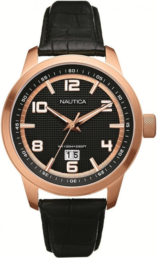 NAUTICA NCT 400 Thee Hands 46mm Rose Gold Stainless Steel Black Leather Strap A15023G - 