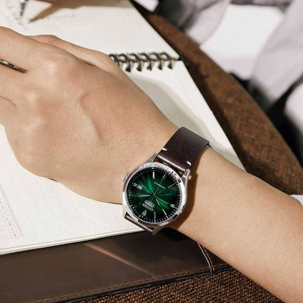 CITIZEN Crystal Seven Automatic Green Dial 40.2mm Silver Stainless Steel Brown Leather Strap NH8390-03X - 