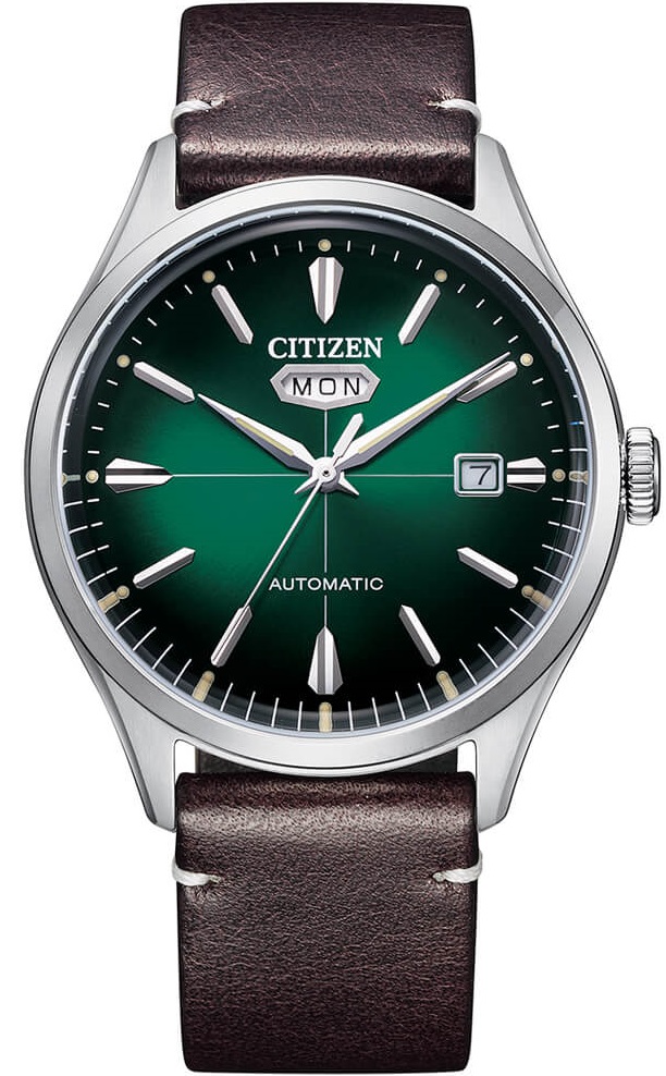 CITIZEN Crystal Seven Automatic Green Dial 40.2mm Silver Stainless Steel Brown Leather Strap NH8390-03X - 