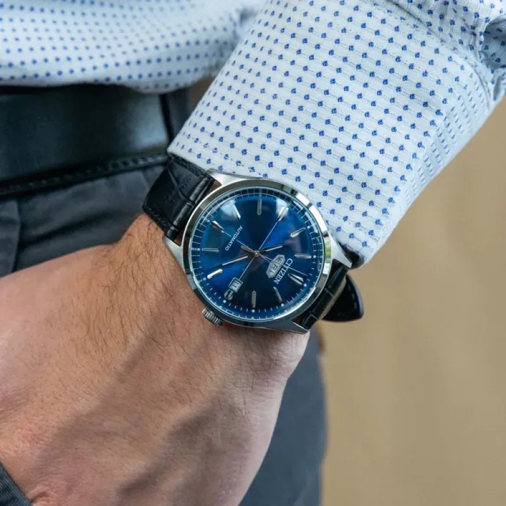 CITIZEN Crystal Seven Automatic Blue Dial 40.2mm Silver Stainless Steel Black Leather Strap NH8390-20L - 5