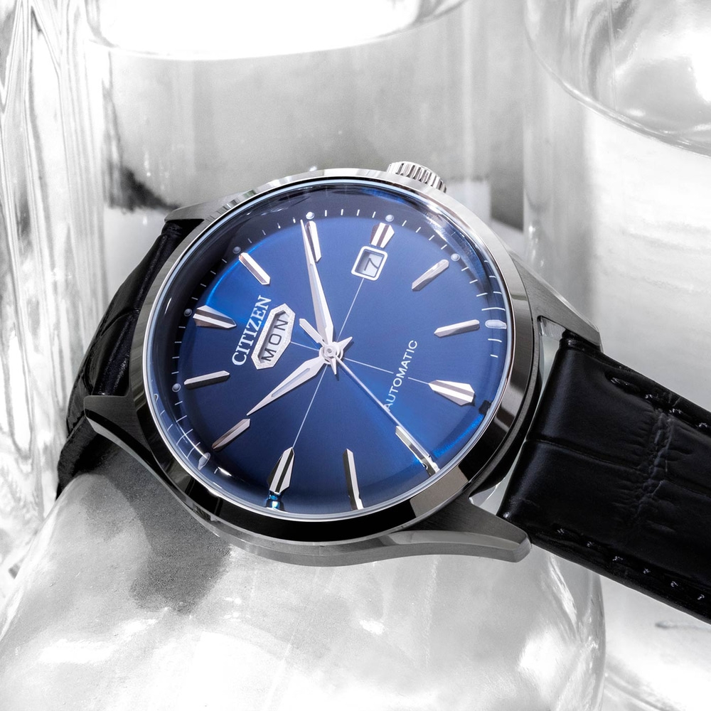 CITIZEN Crystal Seven Automatic Blue Dial 40.2mm Silver Stainless Steel Black Leather Strap NH8390-20L - 4