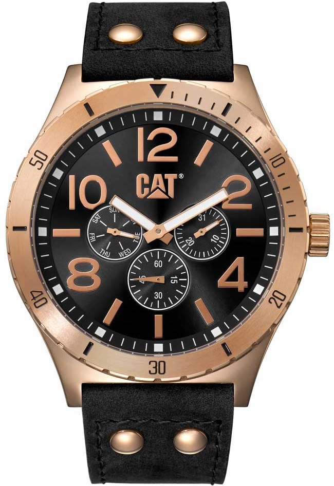 CATERPILLAR Camden Multifunction 48mm Rose Gold Stainless Steel Black Leather Strap NI19934139 - 
