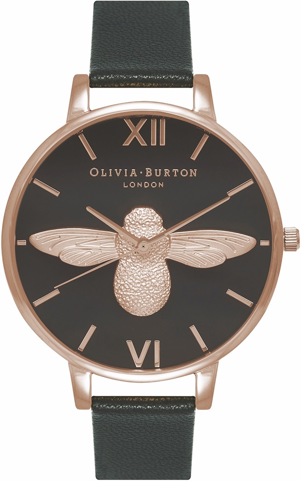OLIVIA BURTON 3D Bee 38mm Rose Gold Stainless Steel Black Leather Strap OB16AM98 - 