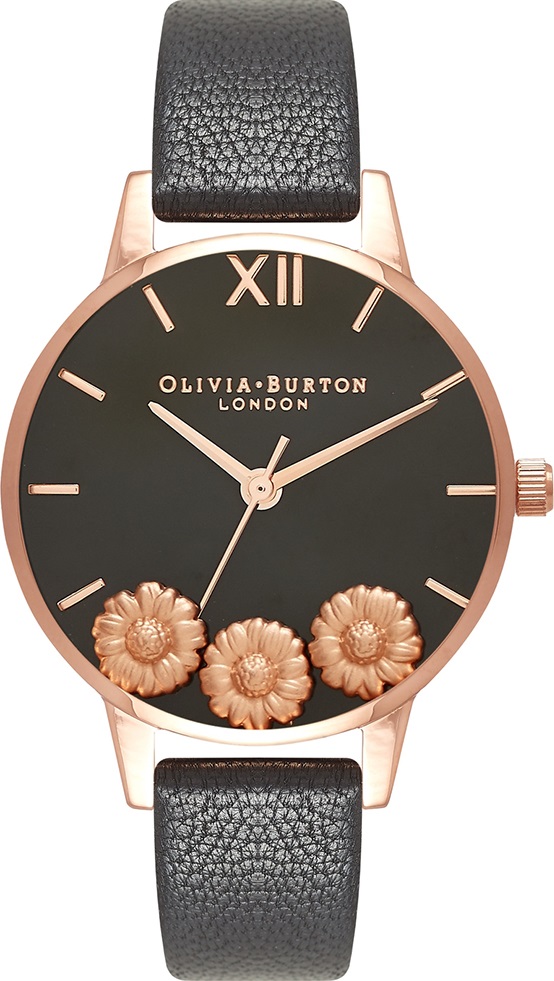 OLIVIA BURTON Dancing Daisy 34mm Rose Gold Stainless Steel Black Leather Strap OB16CH05 - 