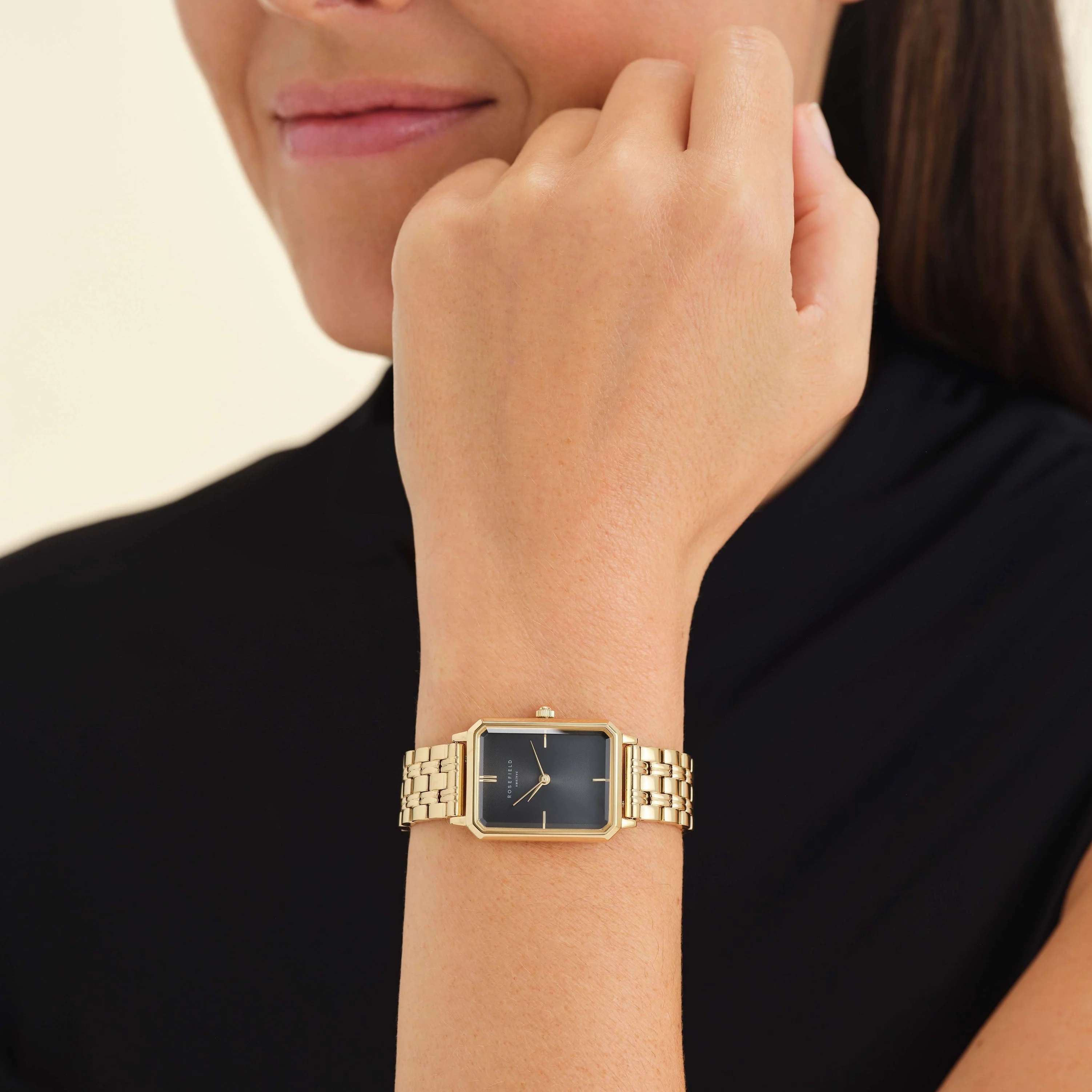 ROSEFIELD The Octagon Black Sunray Dial 23x29mm Gold Stainless Steel Bracelet  OBSSG-O47 - 4