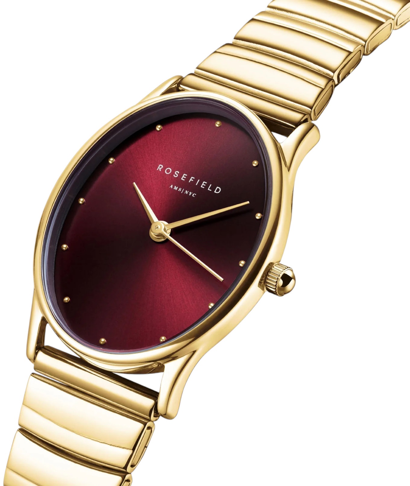 ROSEFIELD Oval Burgundy Dial 24 x 29mm Gold Stainless Steel Bracelet OVGSG-OV15 - 