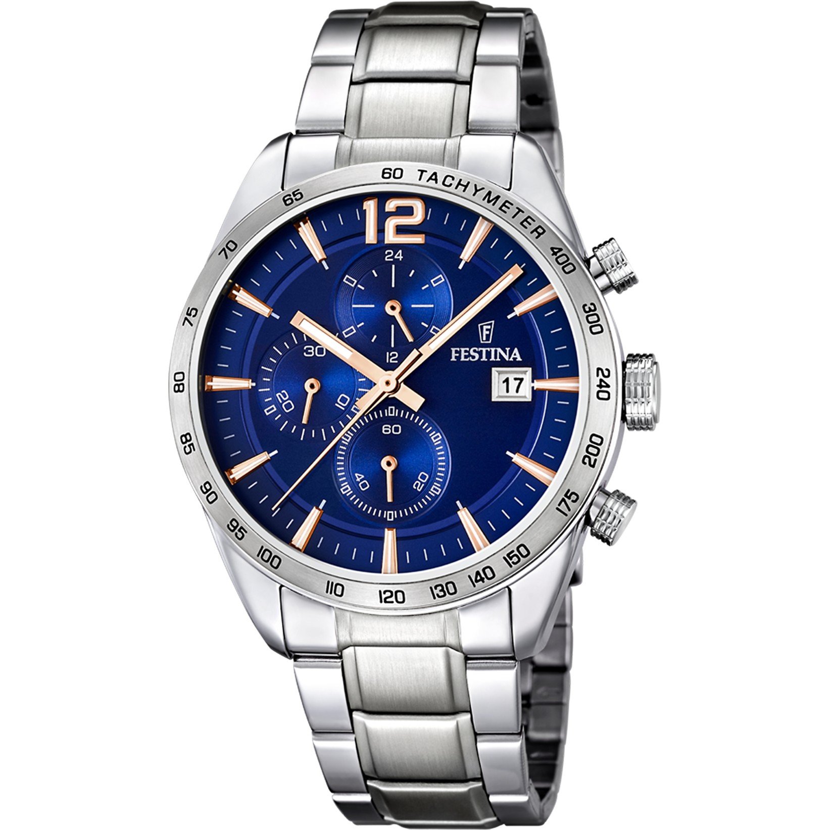 FESTINA Timeless Chronograph Blue Rose Gold Dial 43.5mm Silver Stainless Steel Bracelet F16759/5 - 
