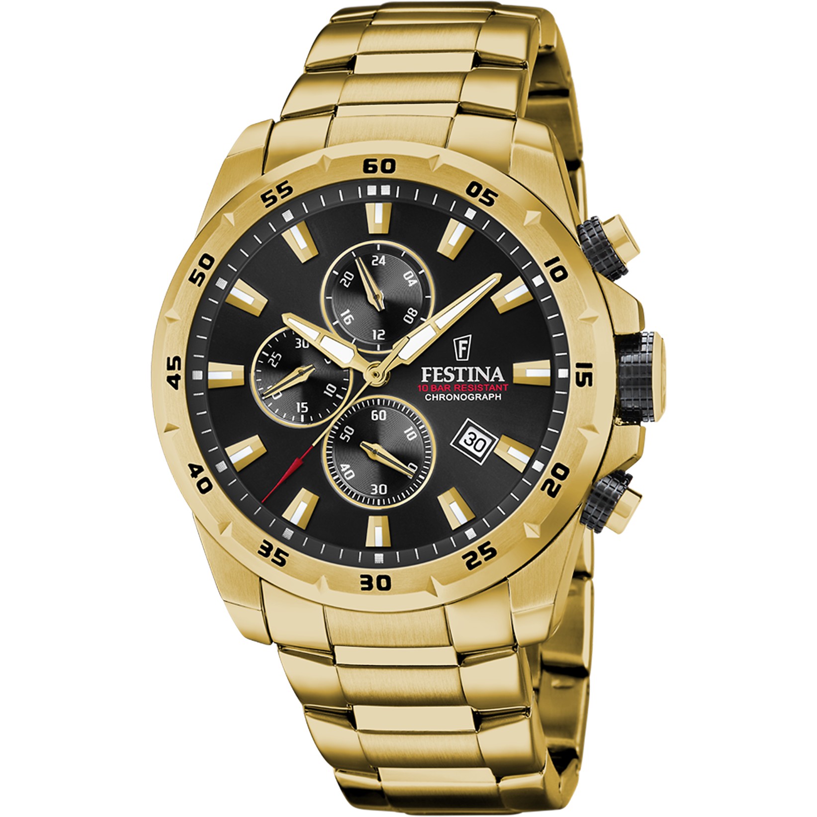 FESTINA Timeless Chronograph Black Dial 45mm Gold Stainless Steel Bracelet F20541/4 - 