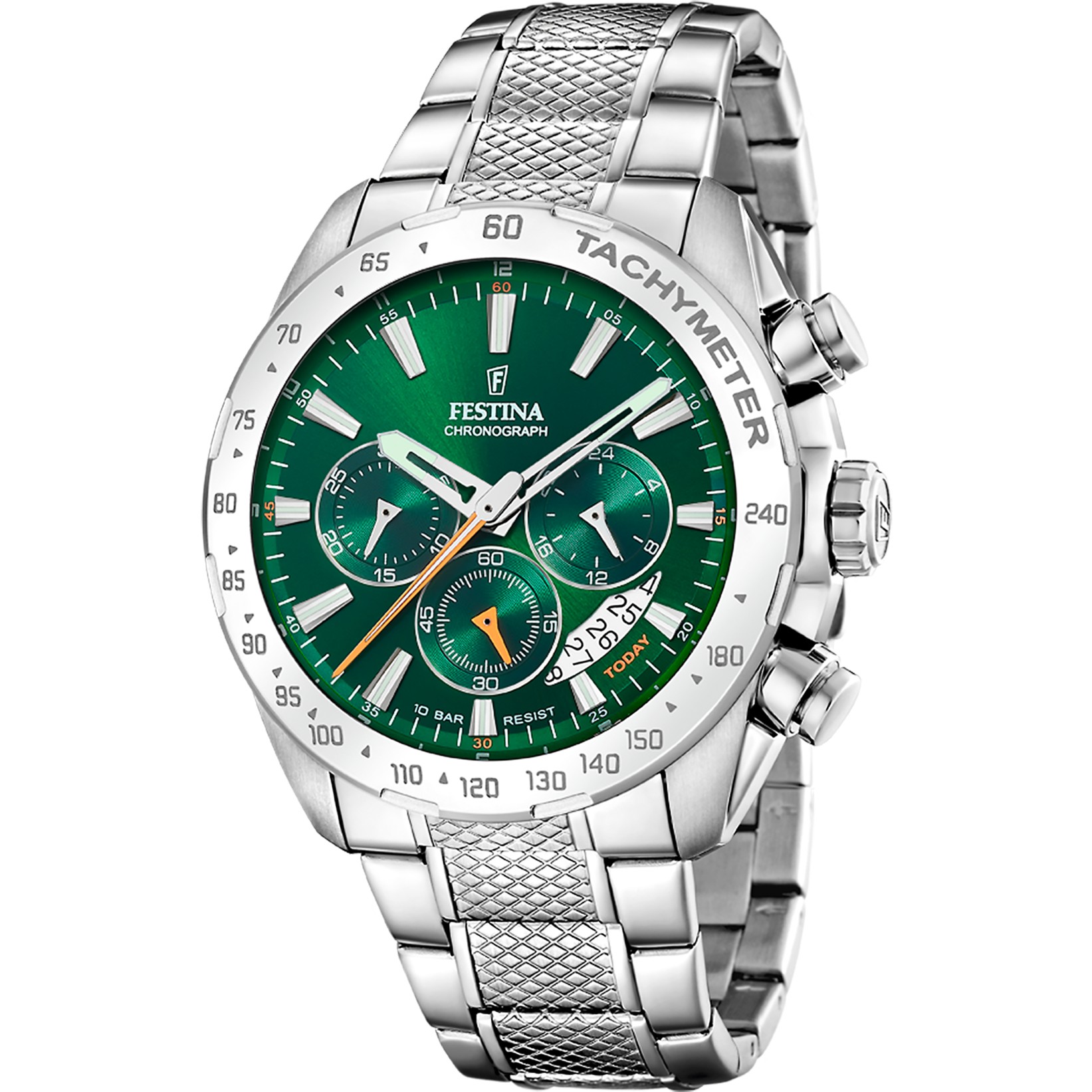 FESTINA Timeless Chronograph Green Dial 44.5mm Silver Stainless Steel Bracelet F20668/3 - 