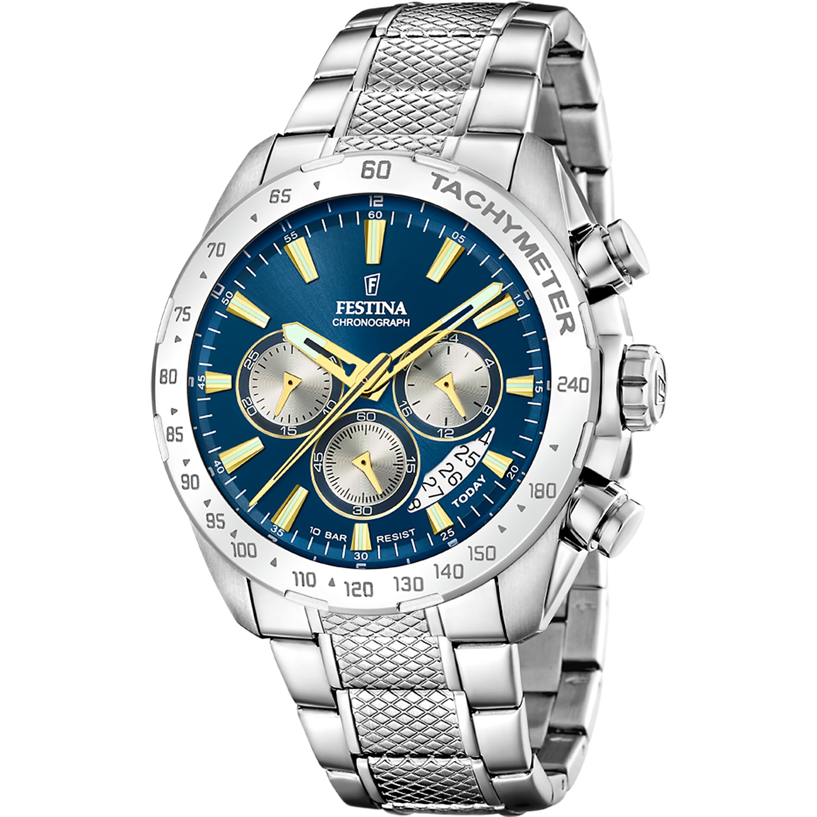 FESTINA Timeless Chronograph Blue Silver Dial 44.5mm Silver Stainless Steel Bracelet F20668/5 - 