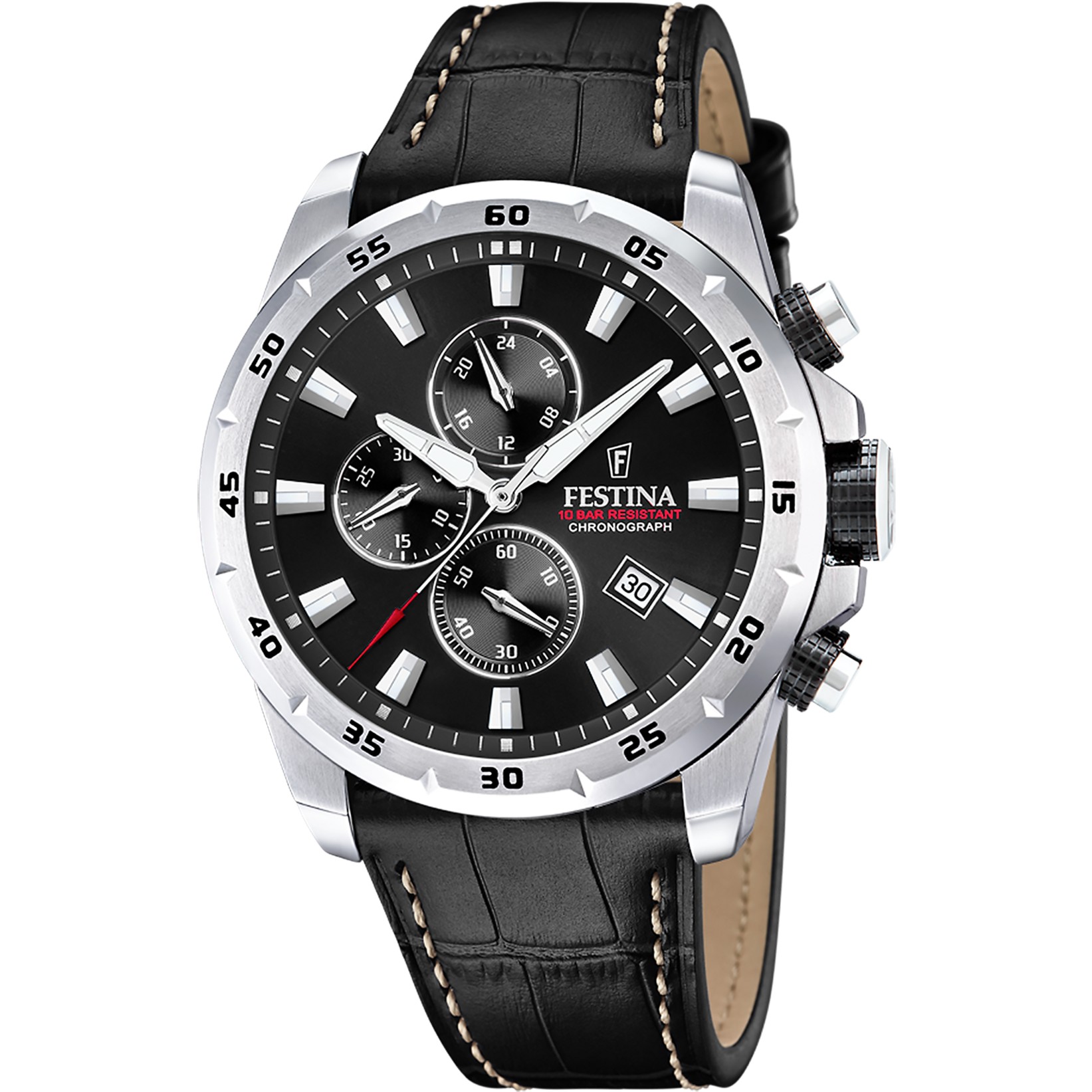 FESTINA Timeless Chronograph Black Dial 45mm Silver Stainless Steel Black Leather Strap F20692/4 - 
