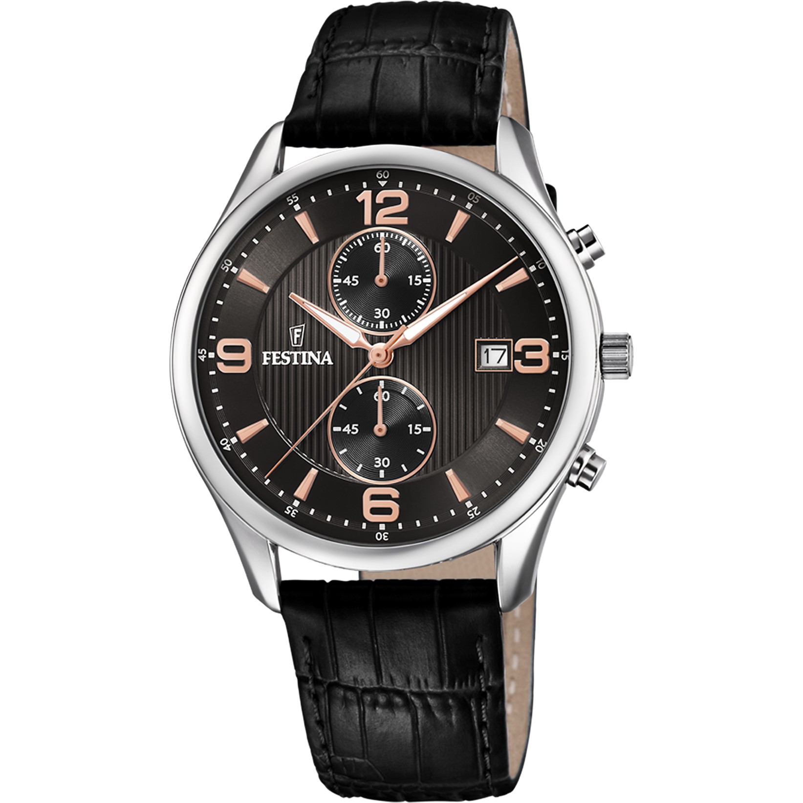 FESTINA Timeless Chronograph Black Rose Gold Dial 42mm Silver Stainless Steel Black Leather Strap F6855/7 - 