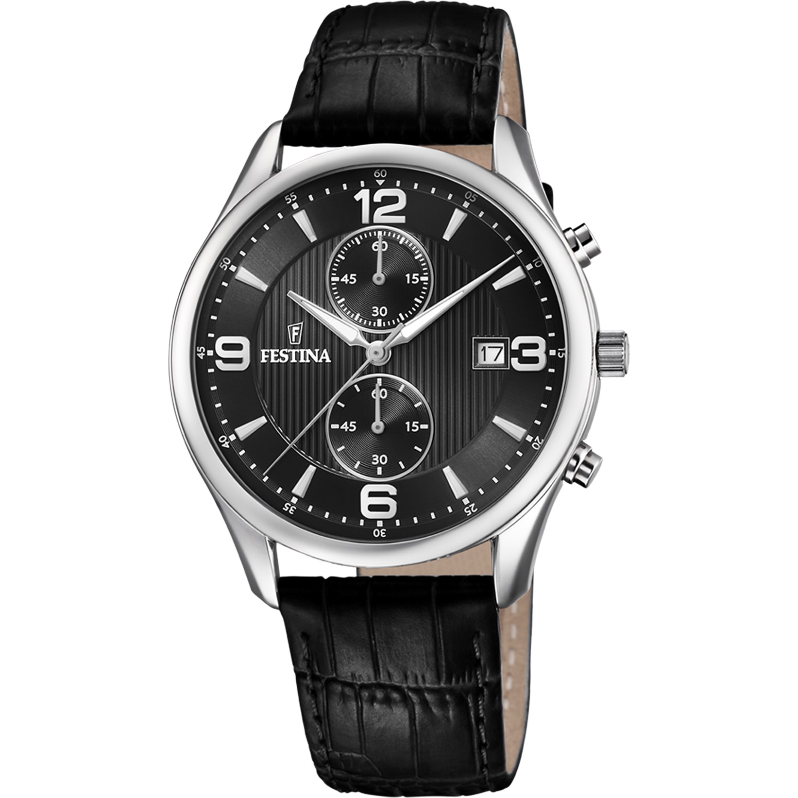 FESTINA Timeless Chronograph Black Dial 42mm Silver Stainless Steel Black Leather Strap F6855/8 - 1