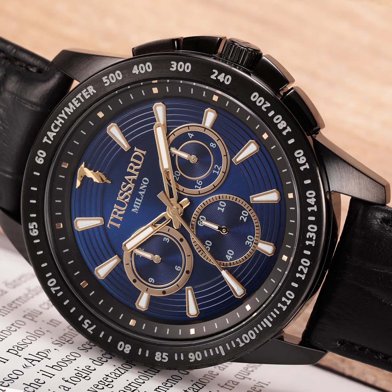 TRUSSARDI T-Hawk Chronograph Blue Dial 44mm Black Stainless Steel Black Leather Strap R2451153001 - 6