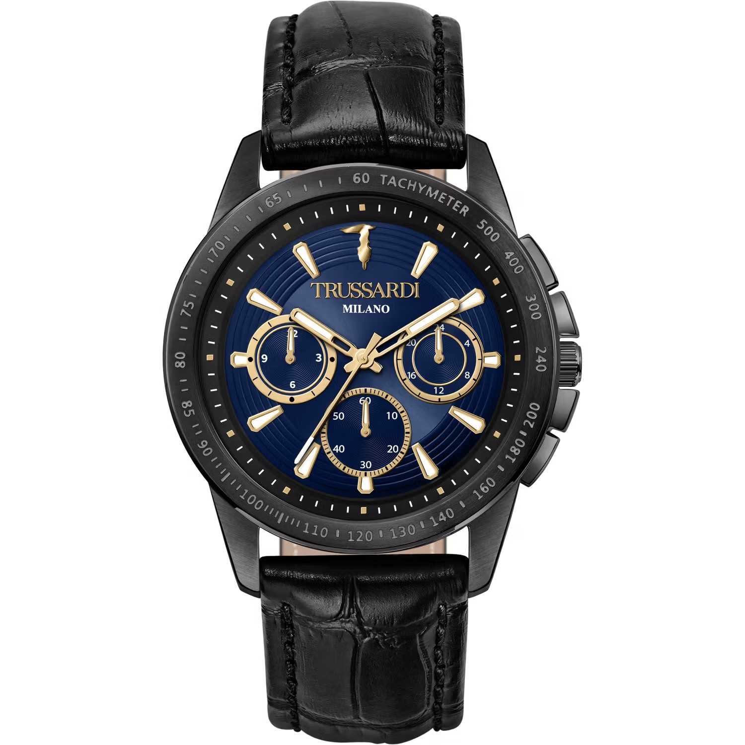 TRUSSARDI T-Hawk Chronograph Blue Dial 44mm Black Stainless Steel Black Leather Strap R2451153001 - 