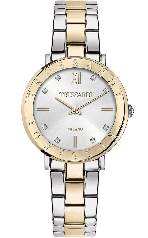 TRUSSARDI T-Vision Silver Dial with Diamonds 30mm Gold Stainless Steel Bracelet R2453115510 - 
