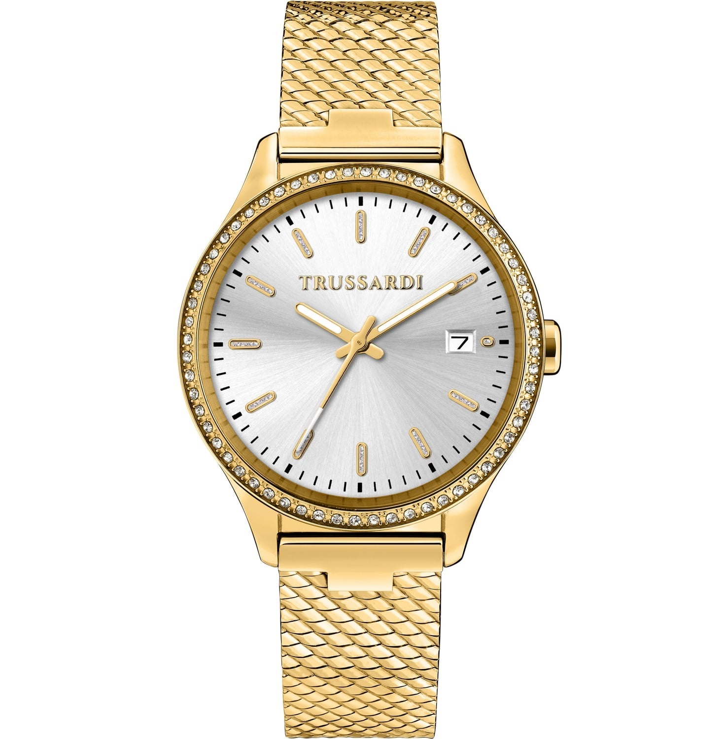 TRUSSARDI City Life Crystals Silver Dial 35mm Gold Stainless Steel Milanese Bracelet R2453170504 - 