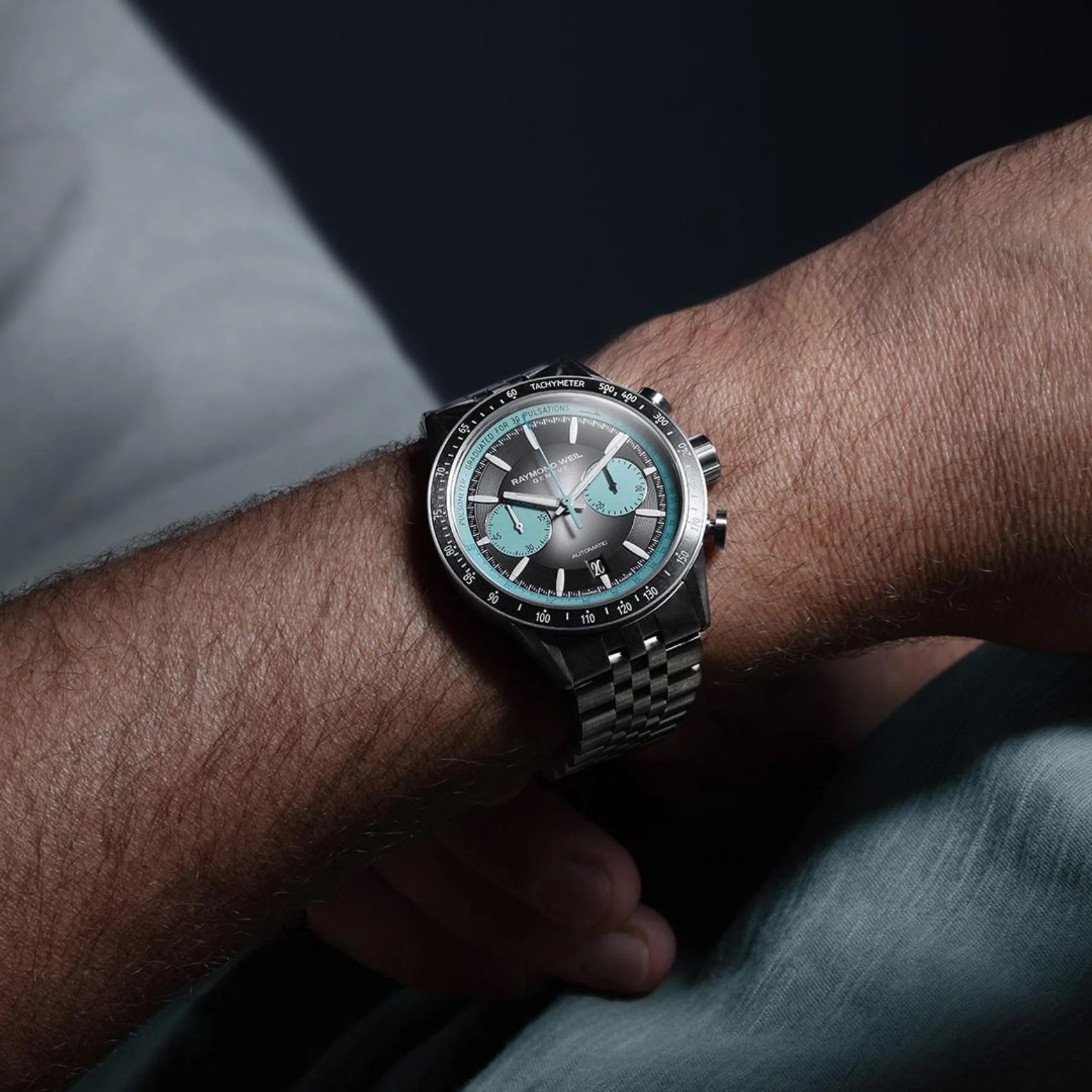 RAYMOND WEIL Freelancer Pop Bi-Compax Chronograph Limited Edition Black - Turquoise Dial 43.5mm Silver Titanium Bracelet 7780-TI-20425 - 7