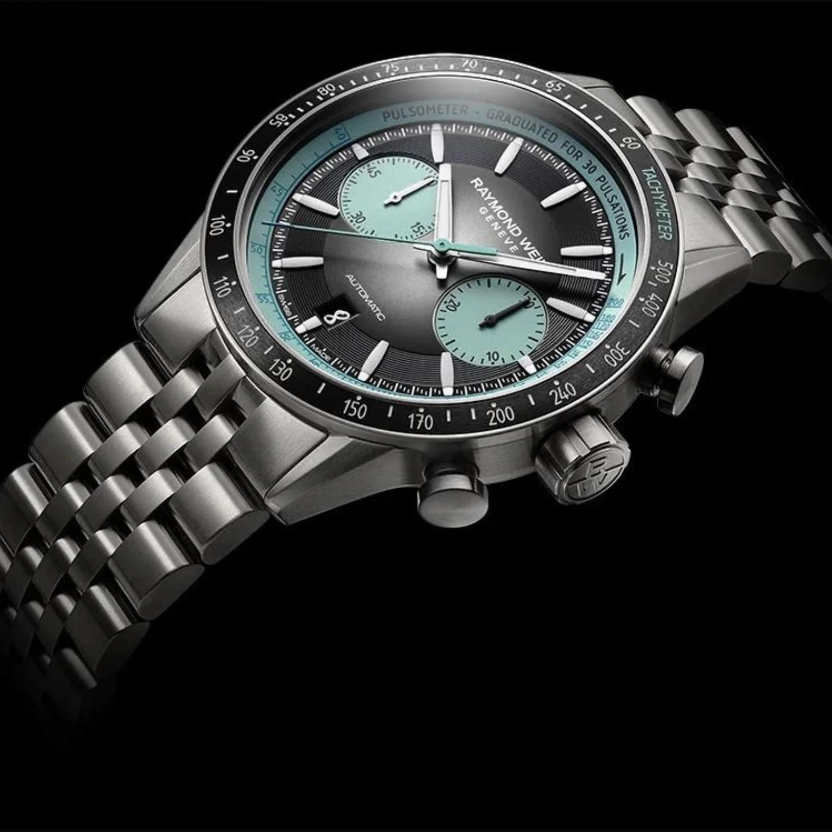 RAYMOND WEIL Freelancer Pop Bi-Compax Chronograph Limited Edition Black - Turquoise Dial 43.5mm Silver Titanium Bracelet 7780-TI-20425 - 6