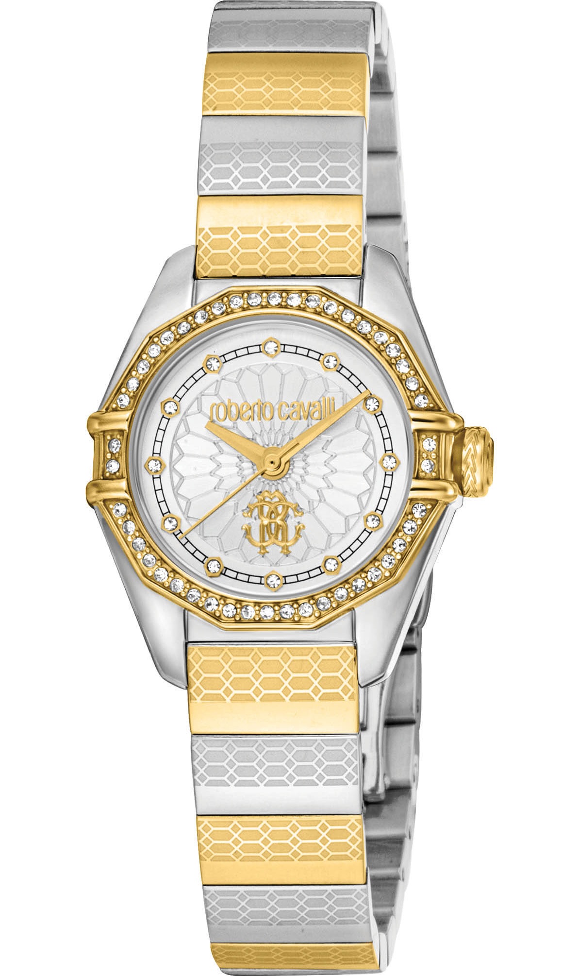 ROBERTO CAVALLI Mini Crystals Silver Dial 26mm Two Tone Gold Stainless Steel Bracelet RC5L054M0085