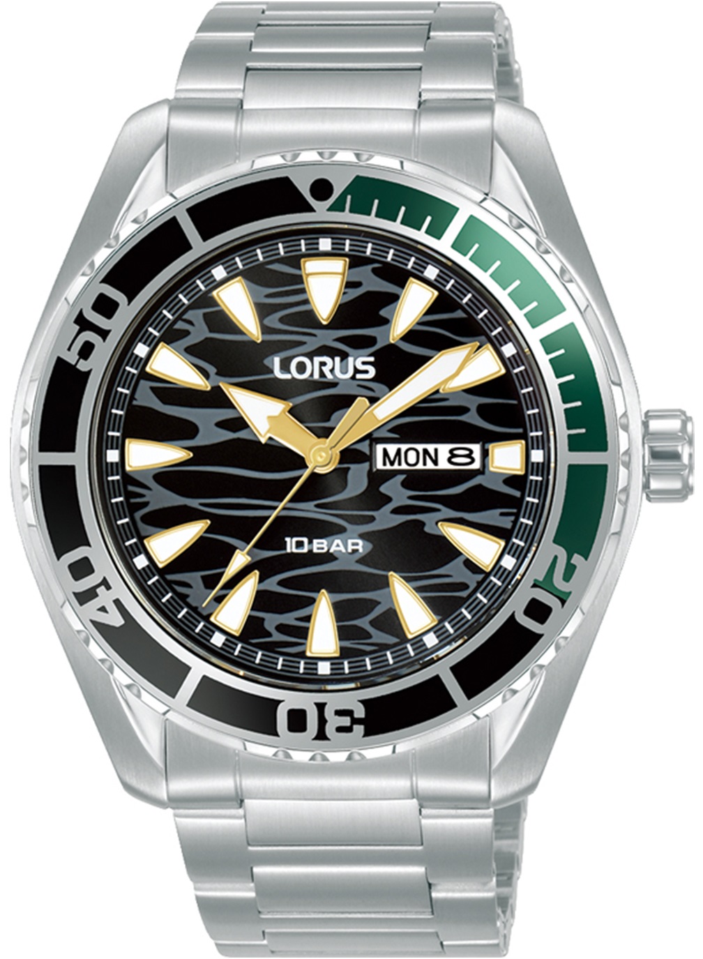 LORUS Men 's Sports Black Gold Dial 43mm Silver Stainless Steel Bracelet RH385AX9 - 