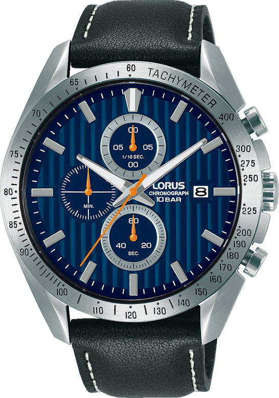 LORUS Sports Chronograph Blue Dial 45mm Silver Stainless Steel Black Leather Strap RM311HX9 - 1