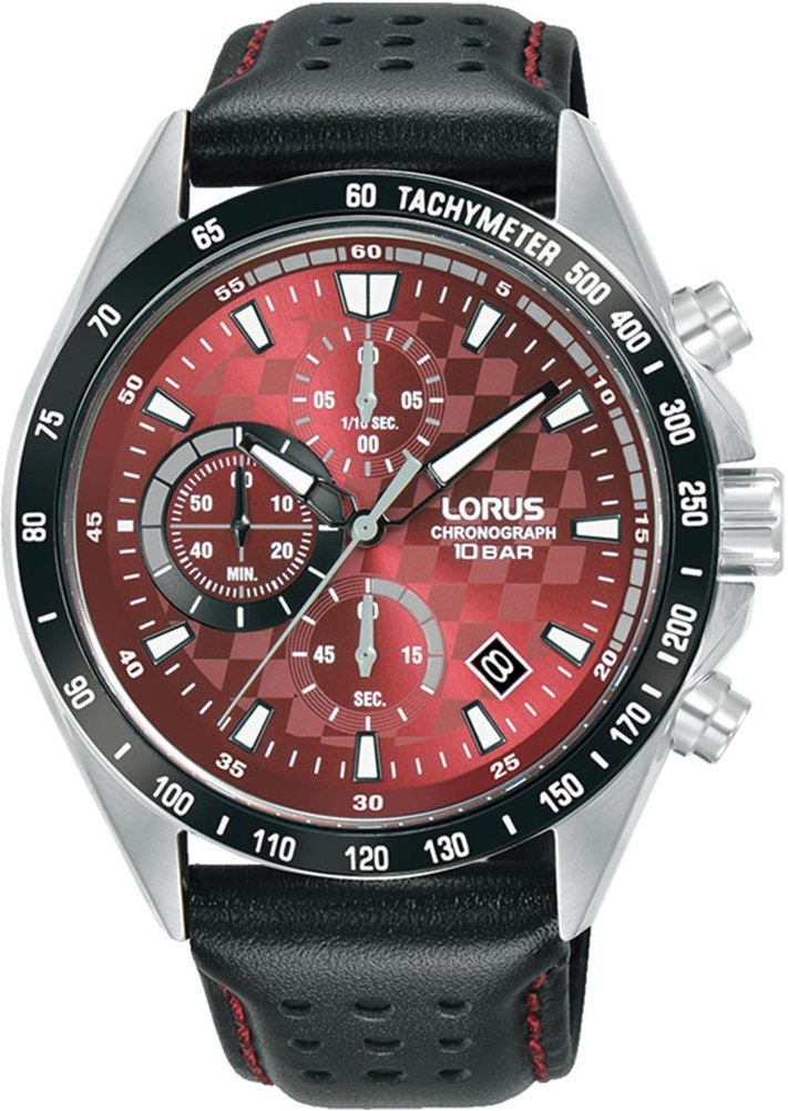 LORUS Sport Chronograph Red Dial 43mm Silver Stainless Steel Black Leather Strap RM319JX9 - 