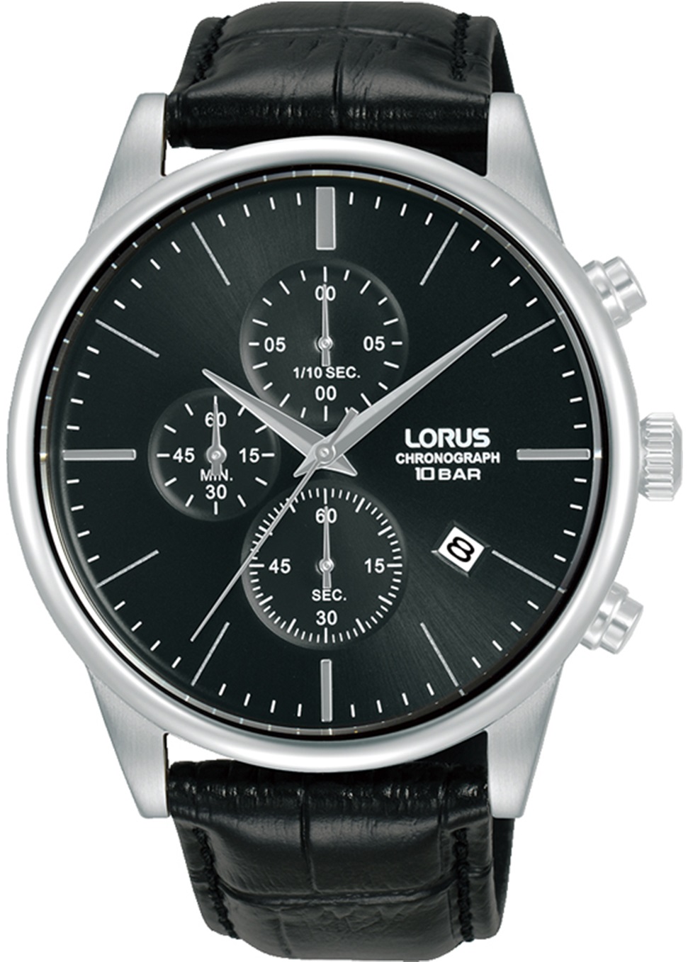 LORUS Urban Chronograph Black Dial 43mm Silver Stainless Steel Black Leather Strap RM367JX9 - 