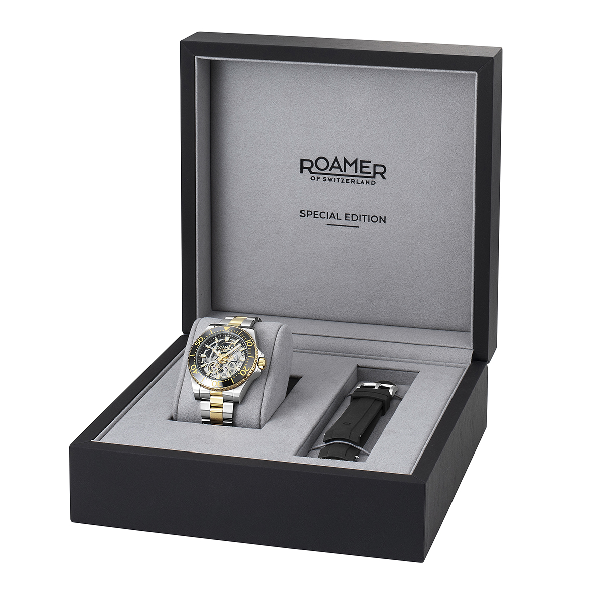 ROAMER Premier Skeleton Limited Silver Dial 42mm Box Set Two Tone Gold Stainless Steel Bracelet with Extra Rubber Strap 986984-47-85-21 - 9