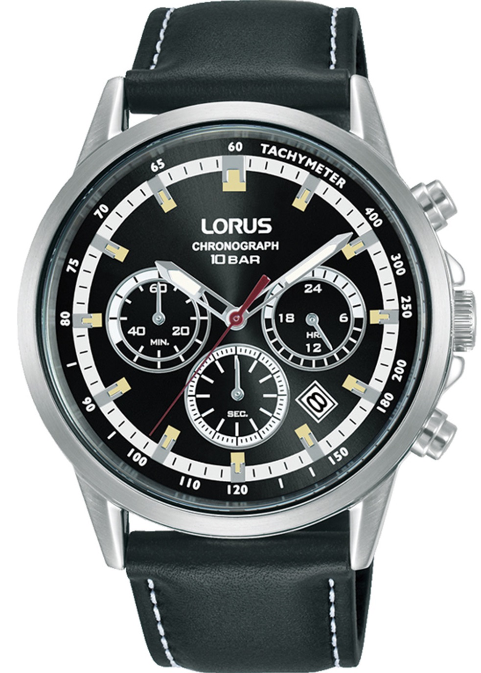 LORUS Sport Chronograph Black Dial 42mm Silver Stainless Steel Black Leather Strap RT301KX9 - 