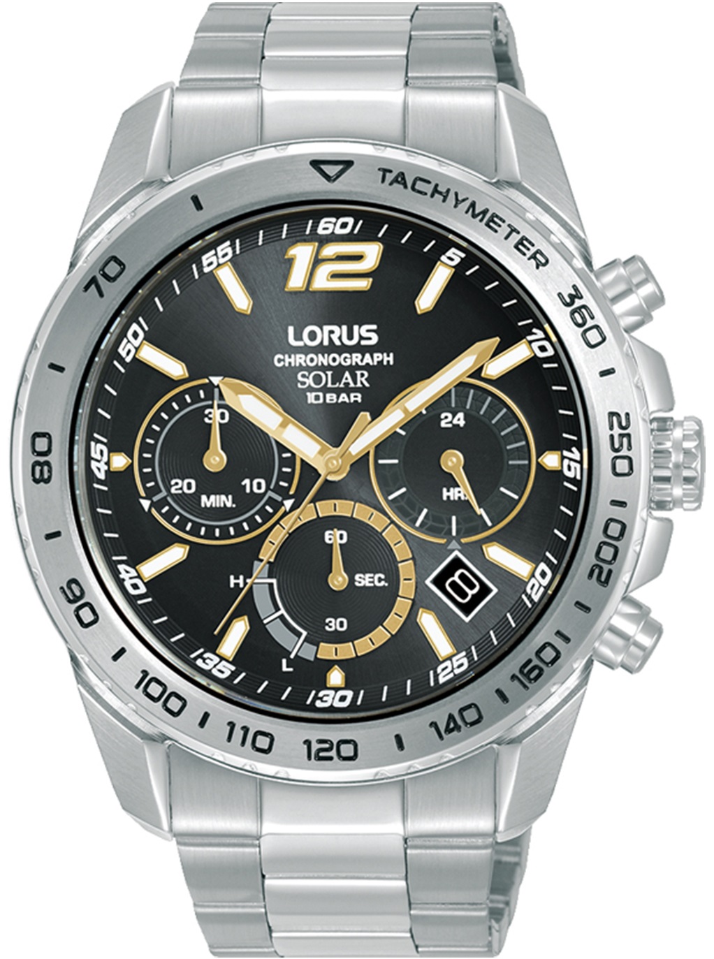LORUS Sports Solar Chronograph Black Dial 43.8mm Silver Stainless Steel Bracelet RZ509AX9 - 