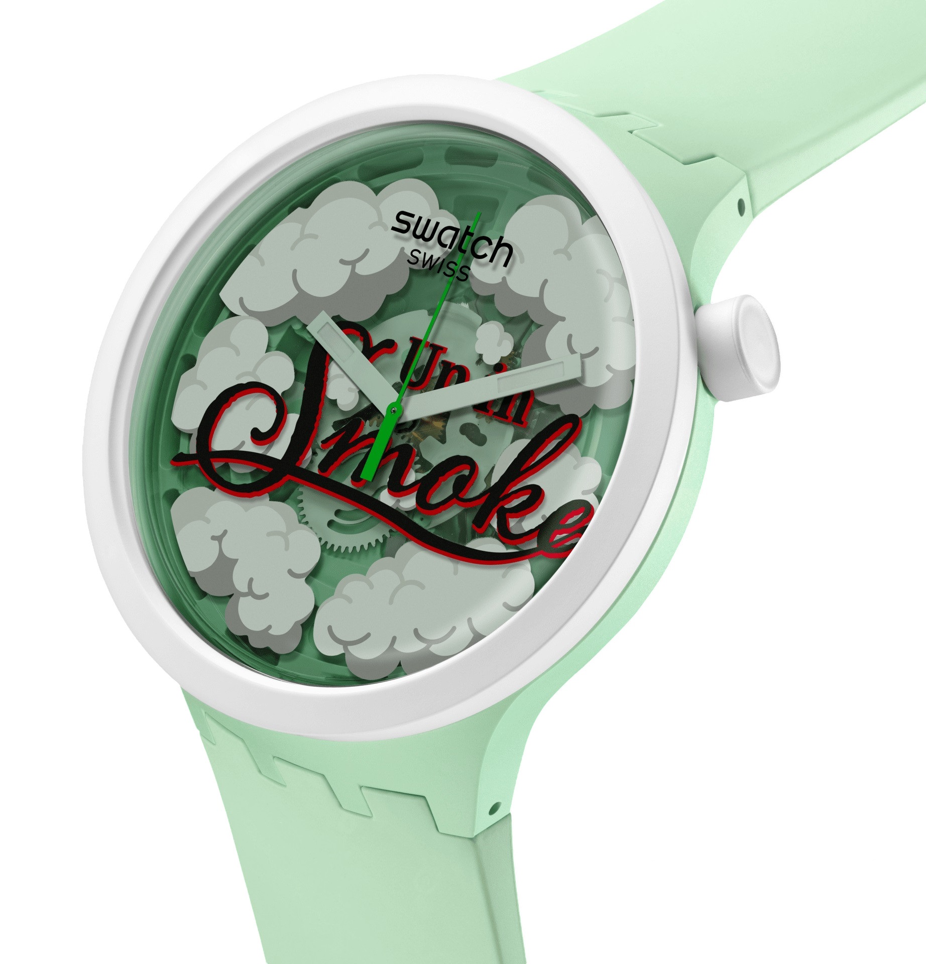 SWATCH Big Bold Bioceramic Up In Smoke 47mm Green Silicone Strap SB03Z103 - 2