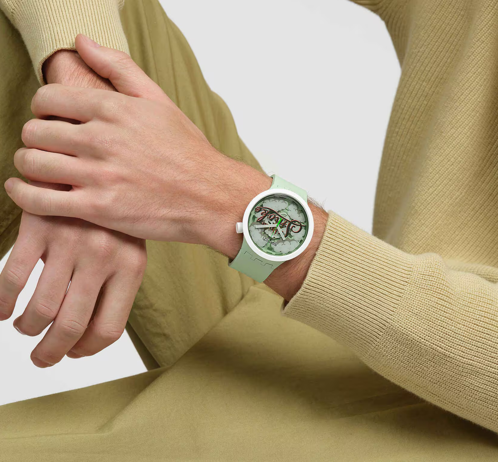 SWATCH Big Bold Bioceramic Up In Smoke 47mm Green Silicone Strap SB03Z103 - 4