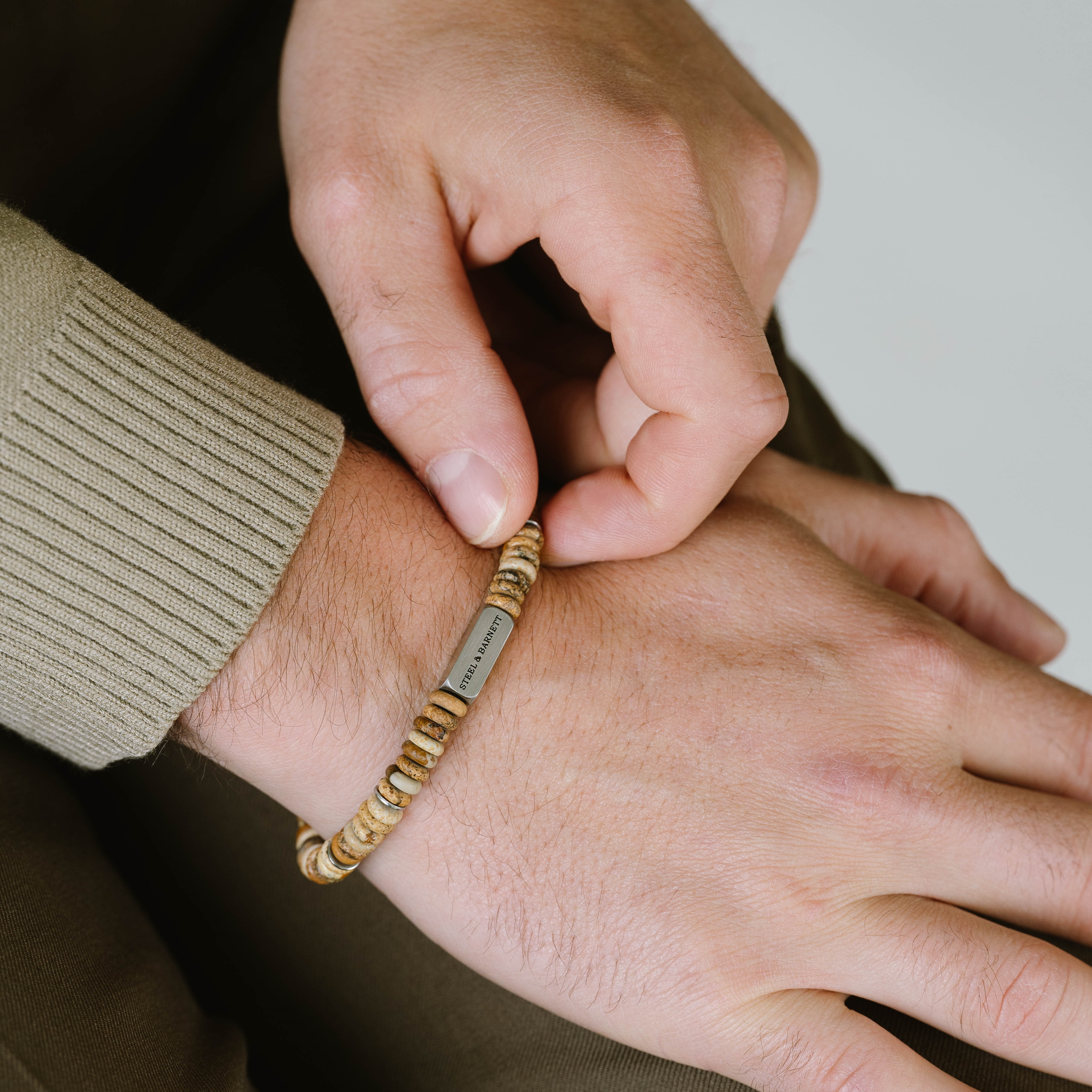 STEEL & BARNETT Two Tone Men's Bracelet in Silver Stainless Steel and Brown Jasper SBTT004 - 3