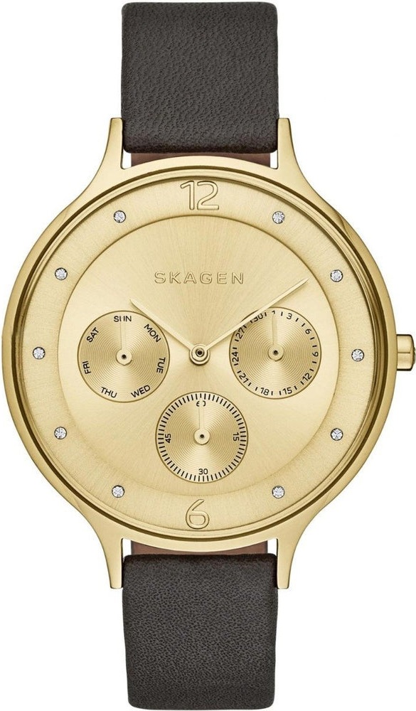 SKAGEN Anita Multifunction 36mm Gold Stainless Steel Black Leather Strap SKW2393 - 
