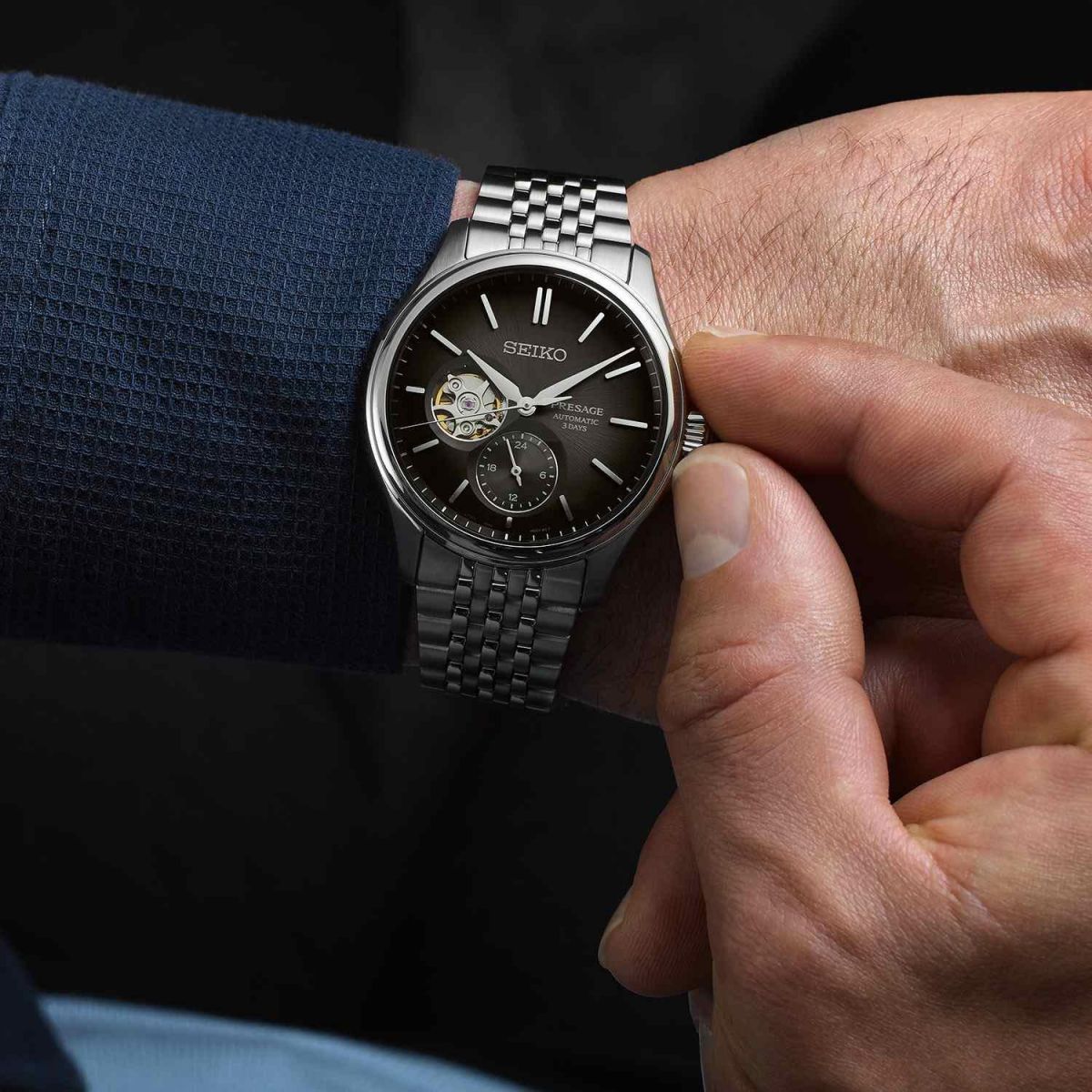 SEIKO Presage Classic Series 'Sumi-iro' Open heart Automatic Gray-Black Dial 40.2mm Silver Stainless Steel Bracelet SPB471J1 - 4