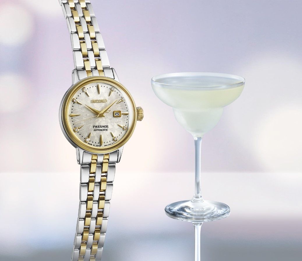 SEIKO Presage Cocktail Time Diamonds 'White Lady' Automatic 30.3mm Silver & Gold Stainless Steel Bracelet SRE010J1 - 5