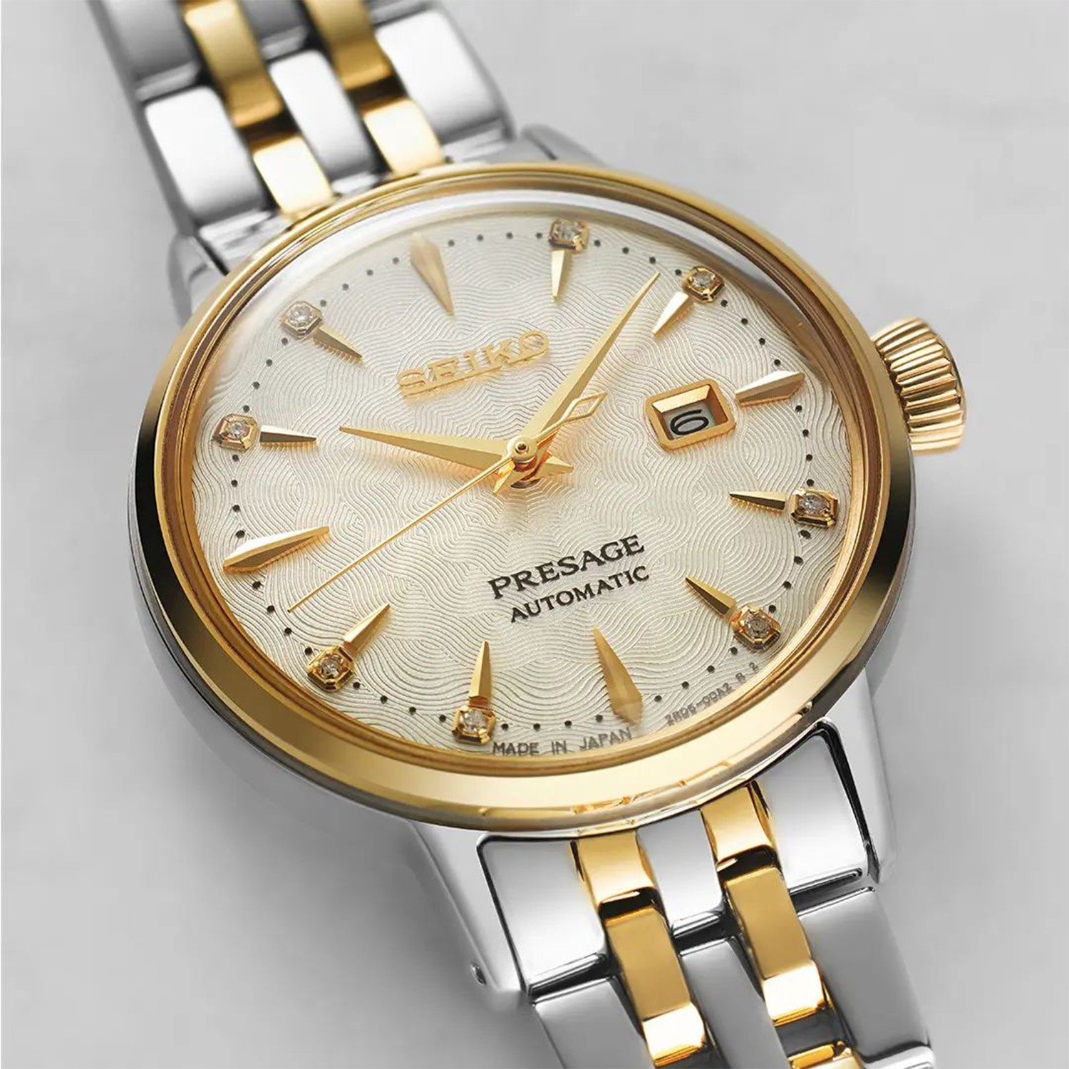 SEIKO Presage Cocktail Time Diamonds 'White Lady' Automatic 30.3mm Silver & Gold Stainless Steel Bracelet SRE010J1 - 4