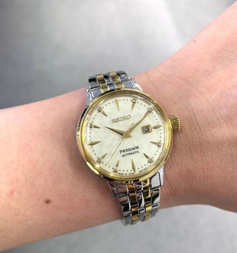 SEIKO Presage Cocktail Time Diamonds 'White Lady' Automatic 30.3mm Silver & Gold Stainless Steel Bracelet SRE010J1 - 6