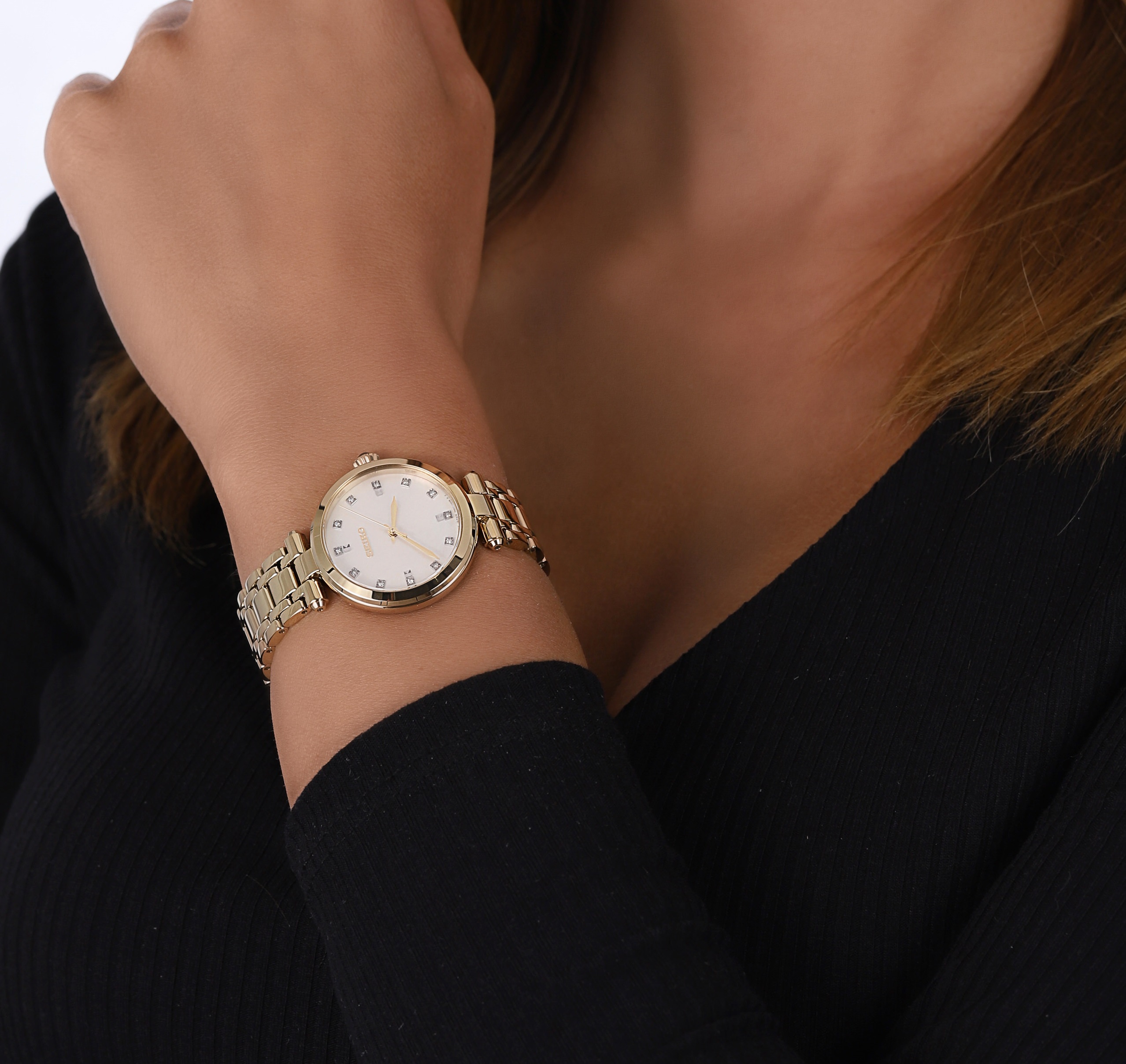 SEIKO Essential Time Pearl Dial with Diamonds 30mm Gold Stainless Steel Bracelet SRZ536P1 - 4
