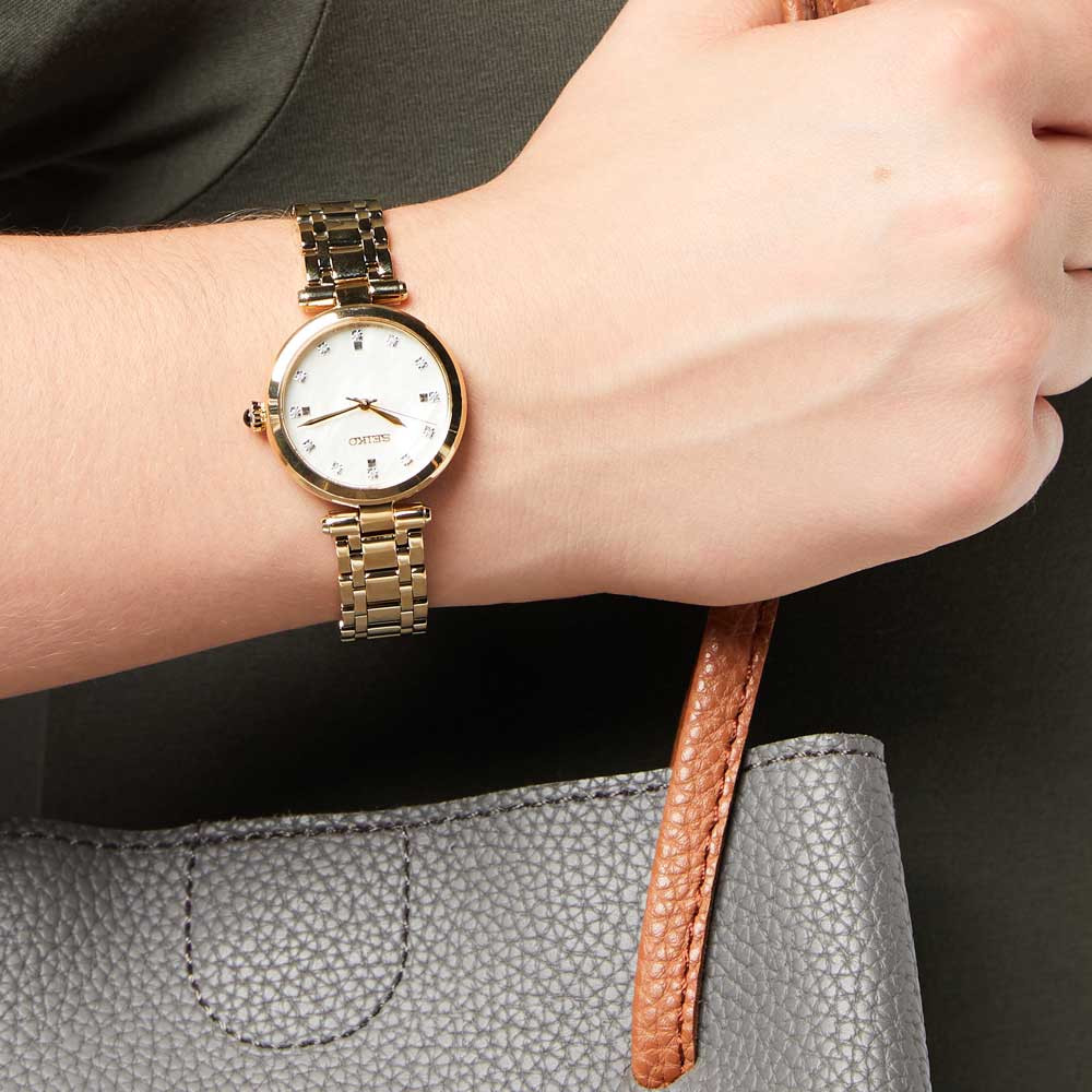 SEIKO Essential Time Pearl Dial with Diamonds 30mm Gold Stainless Steel Bracelet SRZ536P1 - 3