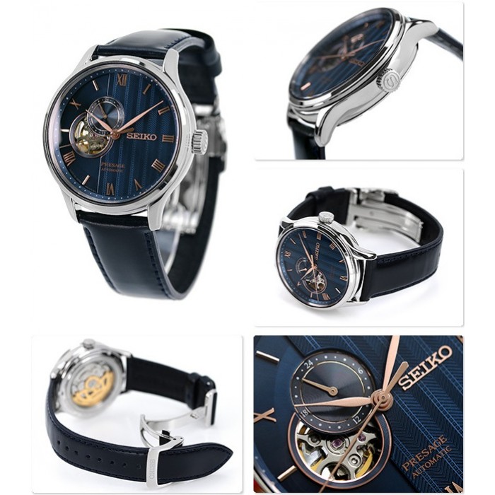 SEIKO Presage ‘Japanese Zen Gardens’ Open Heart Automatic Blue Dial 41.8mm Silver Stainless Steel Black Leather Strap SSA421J1 - 3