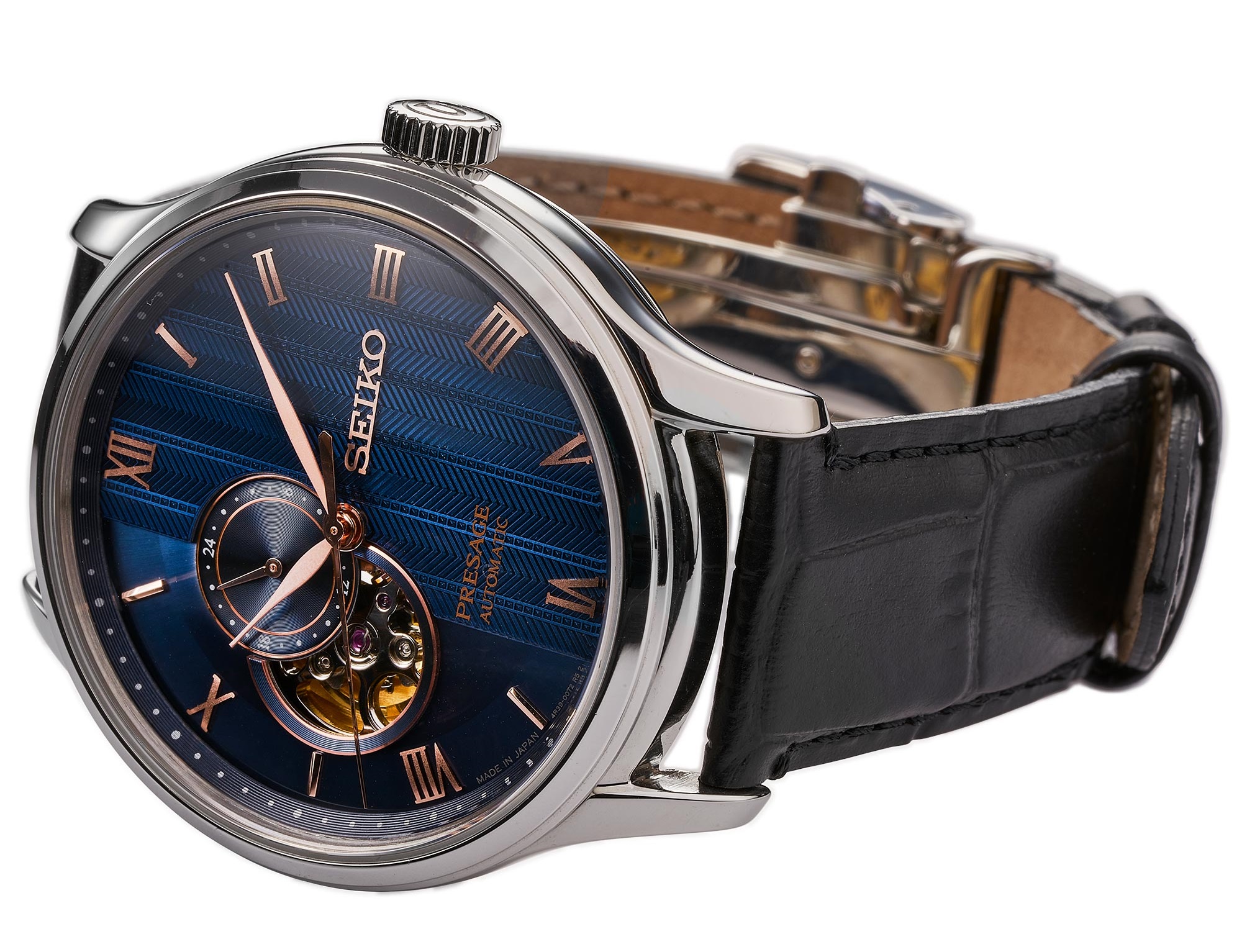 SEIKO Presage ‘Japanese Zen Gardens’ Open Heart Automatic Blue Dial 41.8mm Silver Stainless Steel Black Leather Strap SSA421J1 - 