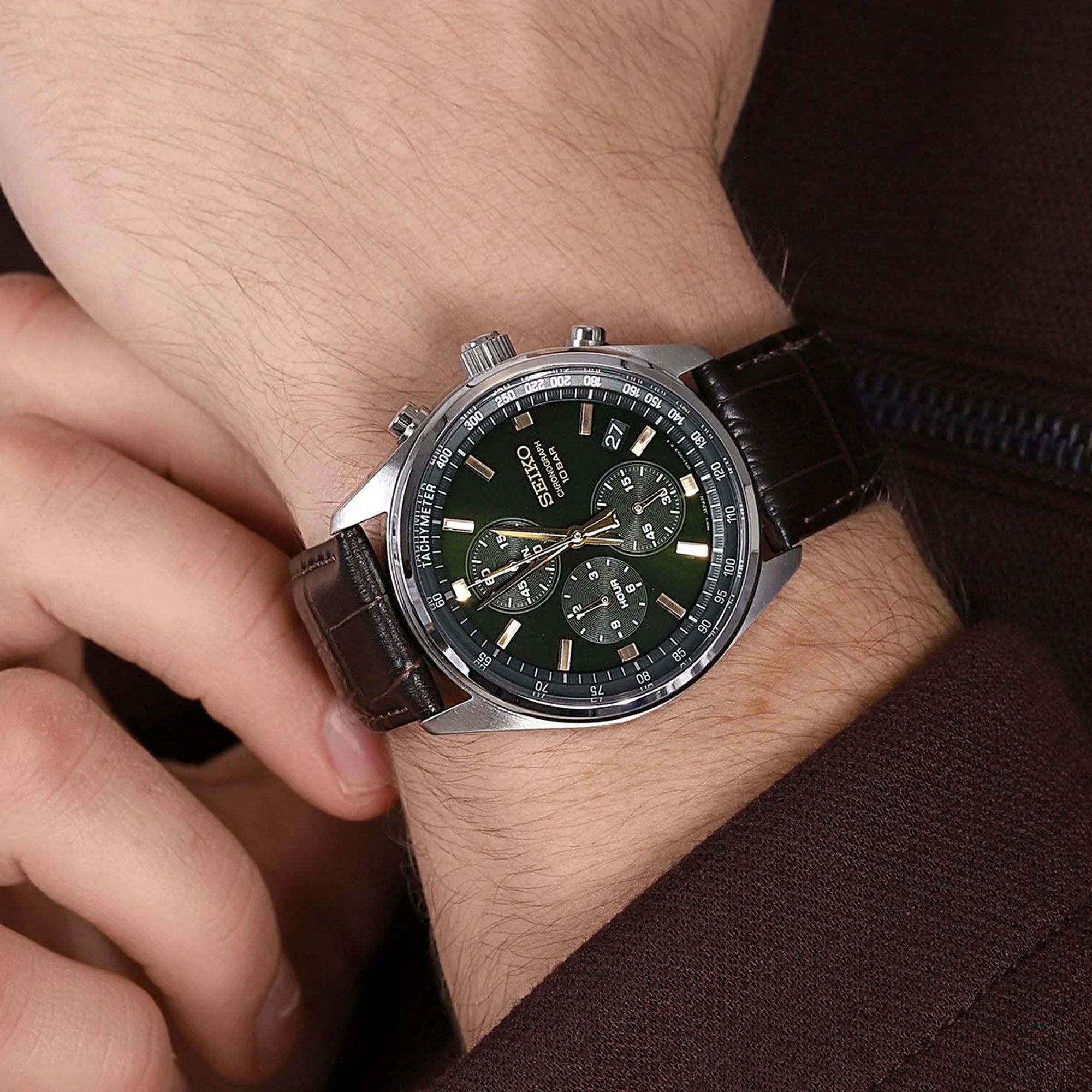 SEIKO Conceptual Series Chronograph Green Dial 41.5mm Silver Stainless Steel Brown Leather Strap SSB385P1 - 2