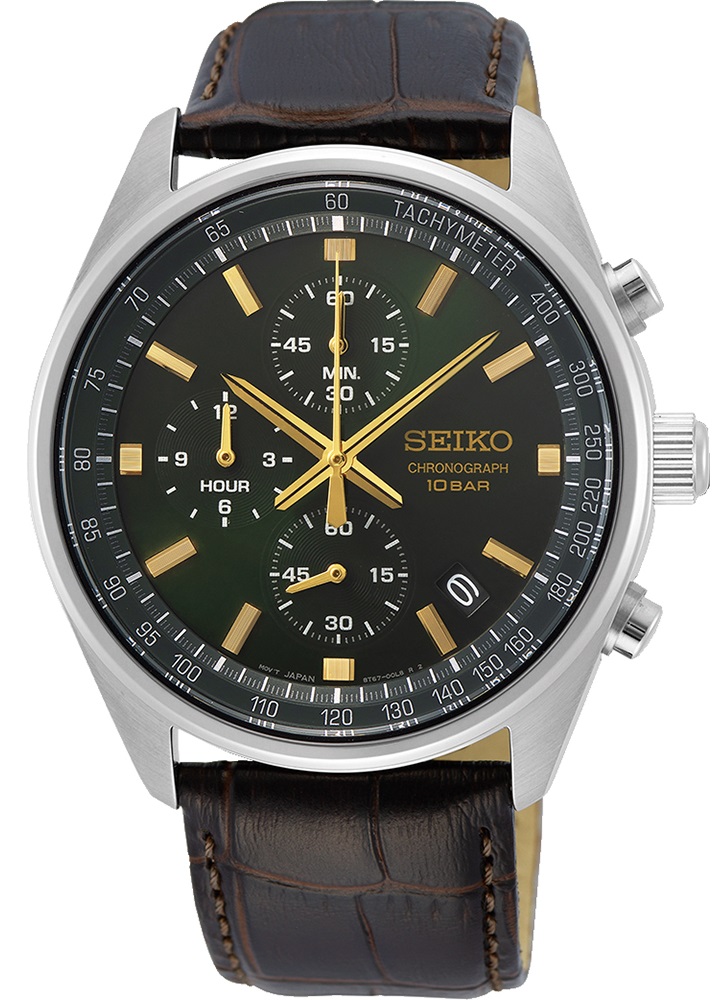 SEIKO Conceptual Series Chronograph Green Dial 41.5mm Silver Stainless Steel Brown Leather Strap SSB385P1 - 1