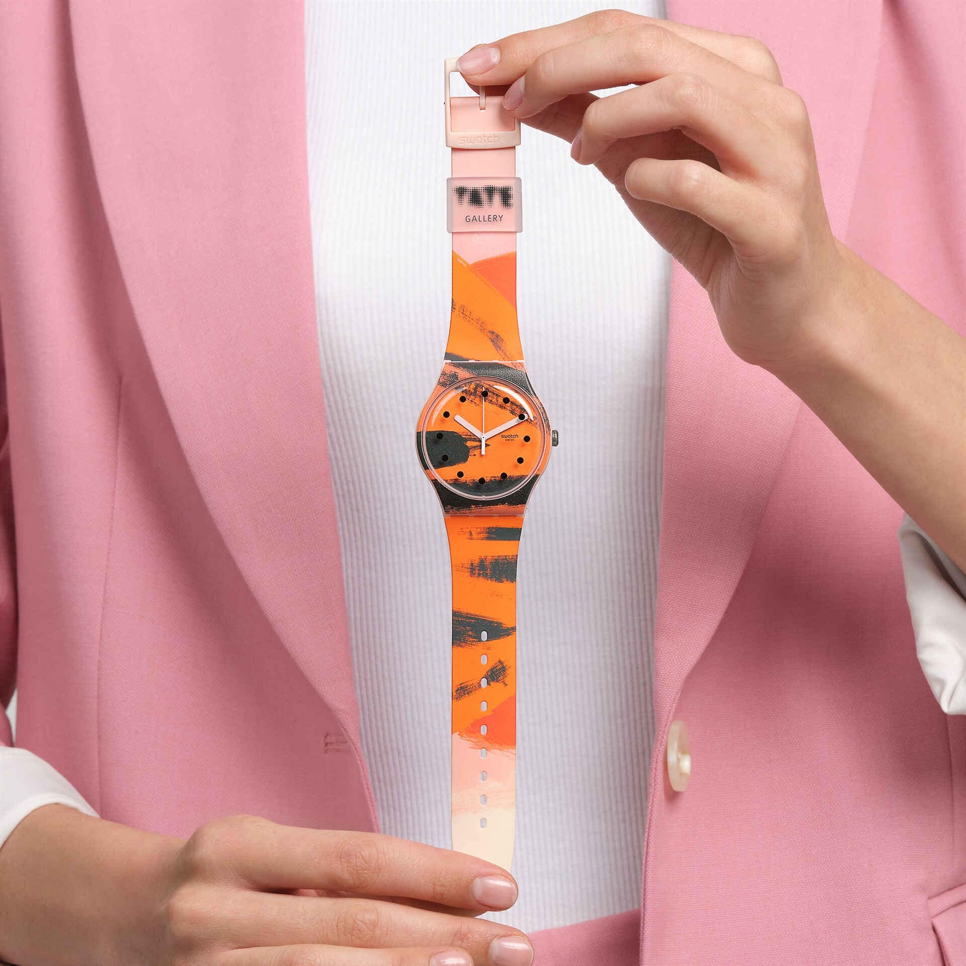 SWATCH X Tate Gallery Orange and Red on Pink by Wilhelmina Barns-Graham 41mm Multicolor Rubber Strap SUOZ362 - 5