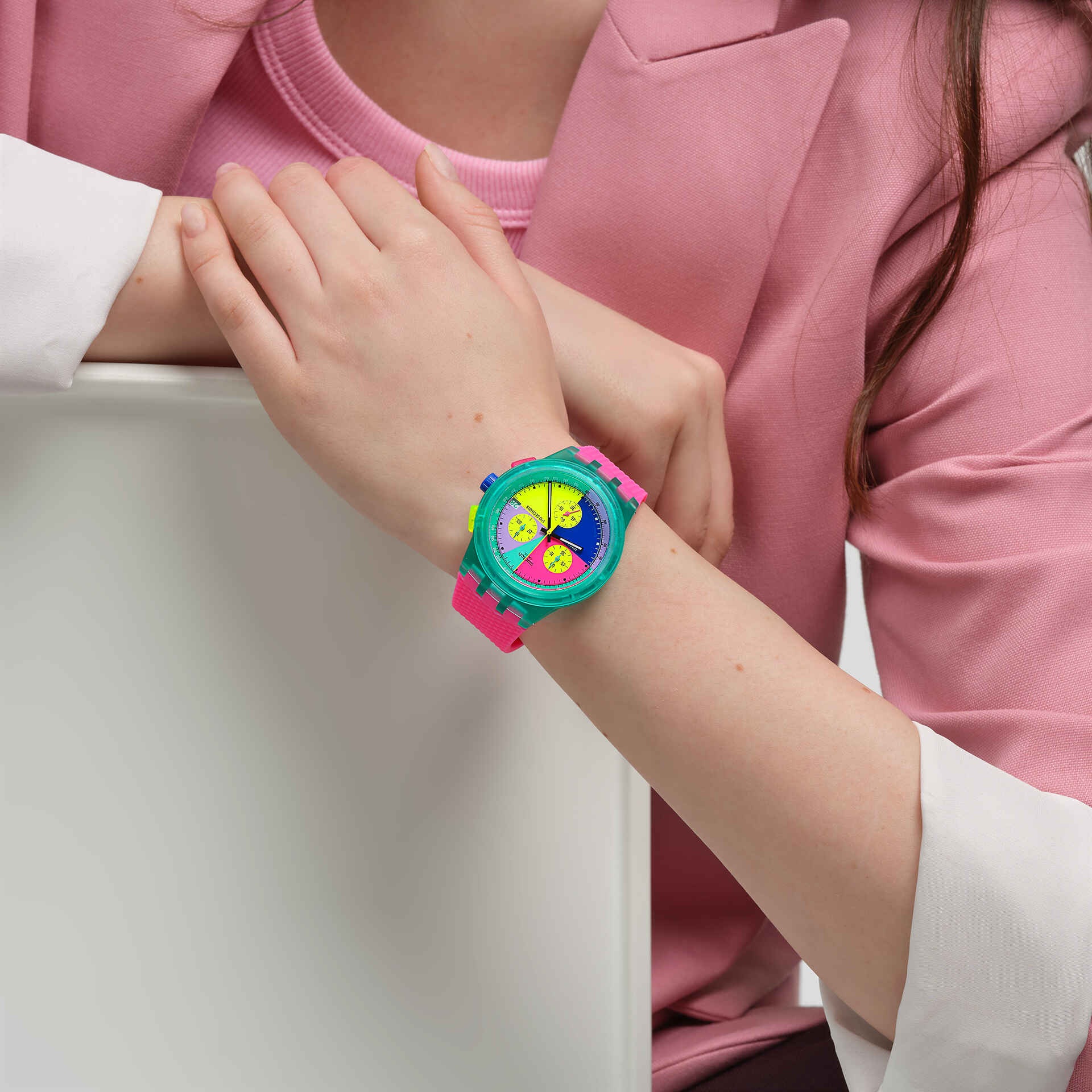 SWATCH Neon Flash Arrow Chronograph 42mm Pink Silicon Strap SUSG408 - 4