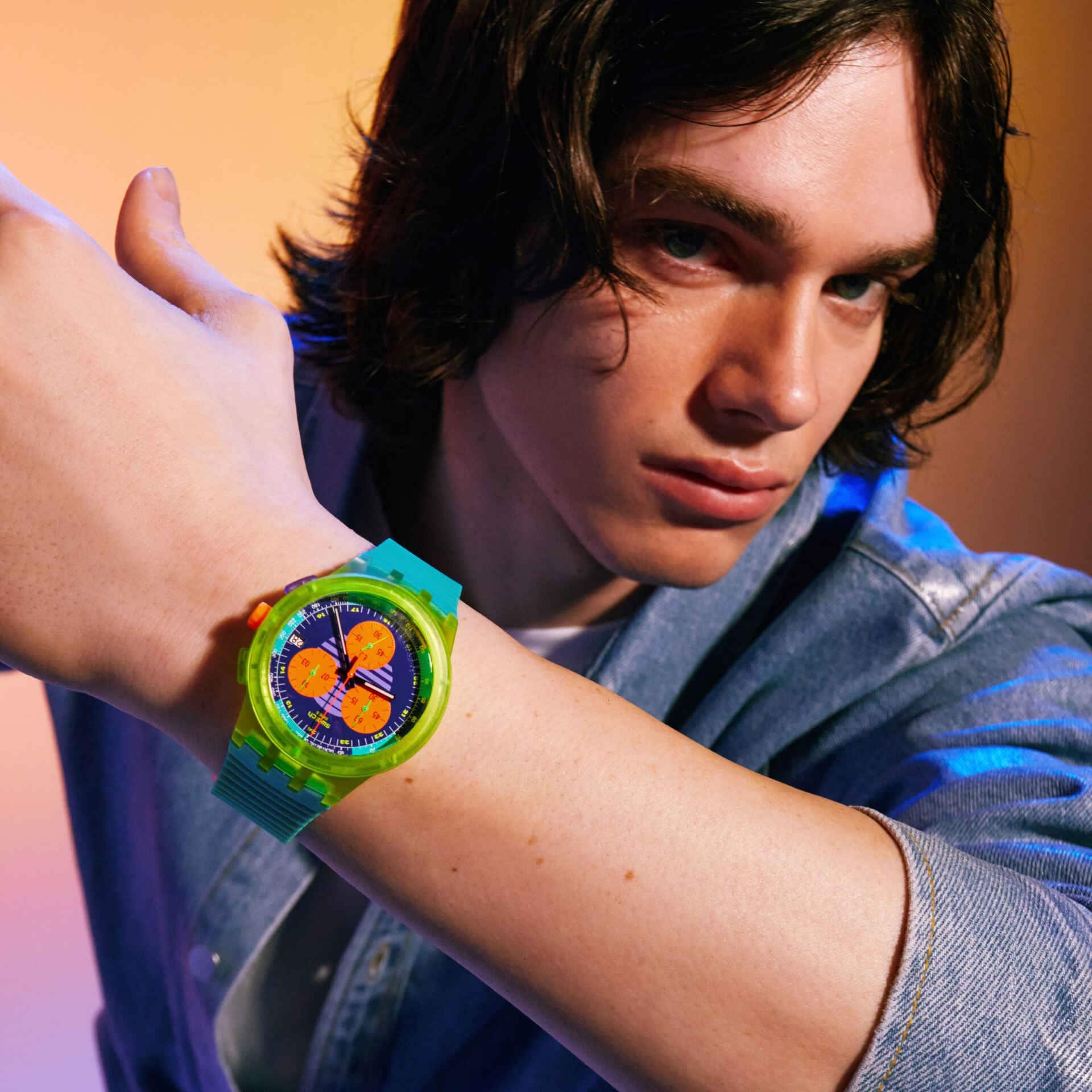 SWATCH Neon Wave Chronograph 42mm Turquoise Silicon Strap SUSJ404 - 3