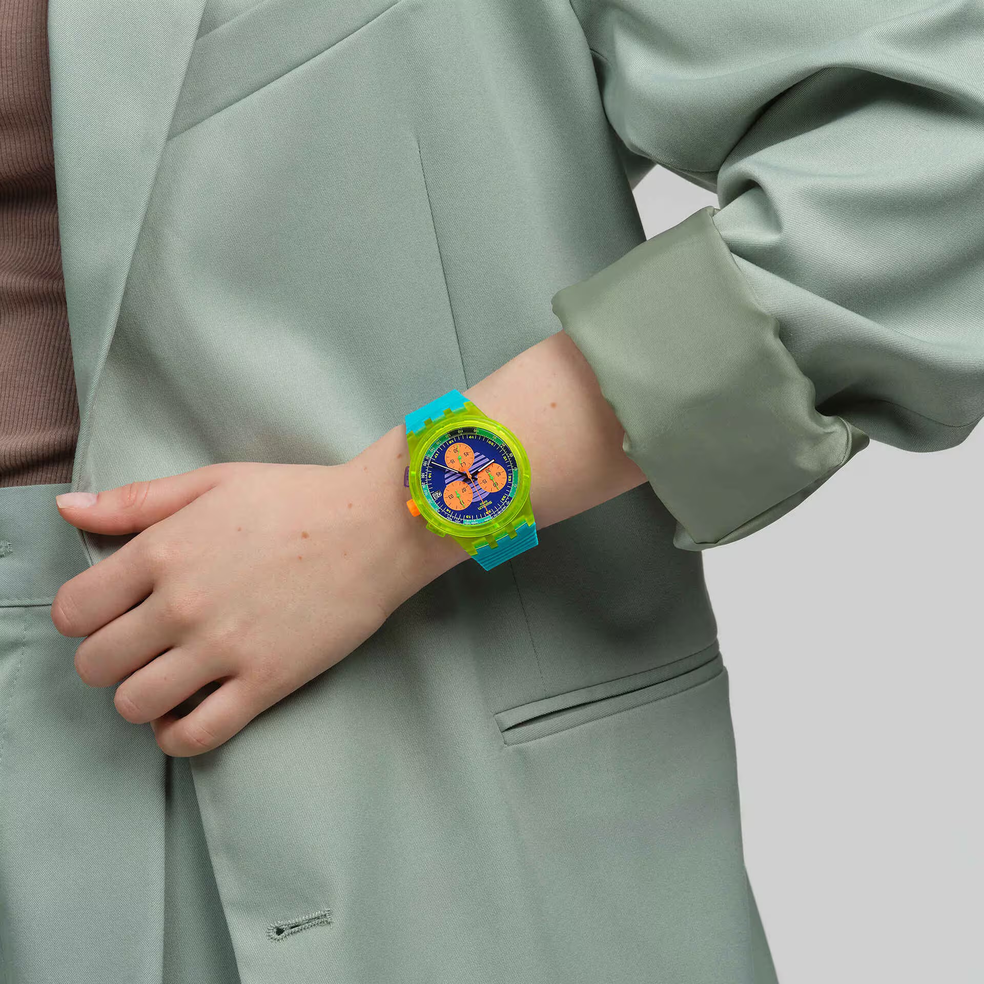 SWATCH Neon Wave Chronograph 42mm Turquoise Silicon Strap SUSJ404 - 4